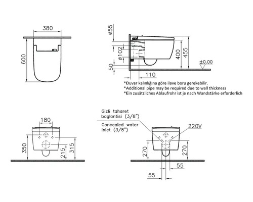 Technische tekening van een wandtoilet met afmetingen in millimeters voor breedte, diepte, hoogte en aansluitingen voor water en elektriciteit.