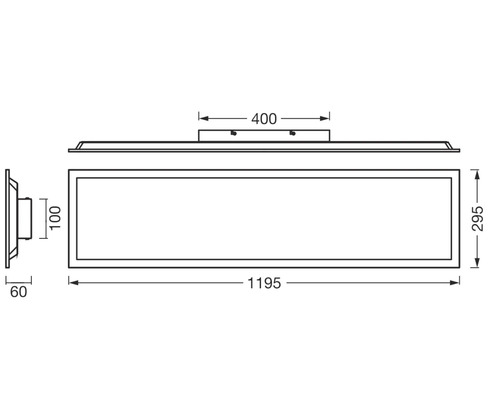 Technische tekening van een rechthoekig LED-paneel met de afmetingen 1195 millimeter lengte, 295 millimeter breedte en 60 millimeter diepte.