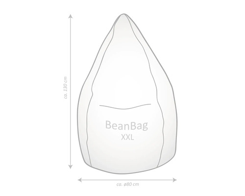 Schematische weergave van een BeanBag XXL zitzak met afmetingen: hoogte circa 130 cm, diameter circa 80 cm.