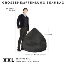 Maatadvies voor XXL zitzak, afmetingen circa 130 bij 80 centimeter, in vergelijking met een persoon van circa 140 tot 200 centimeter.