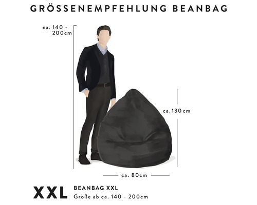 Maatadvies voor XXL zitzak, afmetingen circa 130 bij 80 centimeter, in vergelijking met een persoon van circa 140 tot 200 centimeter.