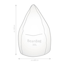Schets van een zitzak BeanBag XXL met afmetingen: hoogte circa 130 centimeter, diameter circa 80 centimeter.