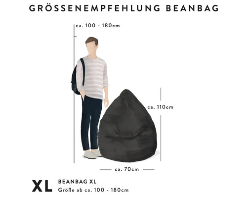 Maatadvies zitzak XL. Afmetingen van circa 70 centimeter breed en 110 centimeter hoog voor een lichaamslengte van circa 100 tot 180 centimeter.