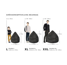 Infographic met maatadviezen voor zitzakken in L, XL en XXL. Bevat informatie over lichaamslengte, hoogte en breedte in centimeters.