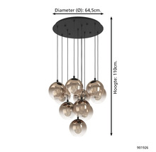 Hanglamp met ronde plafondplaat en meerdere glazen bolkappen. Diameter 64,5 centimeter, hoogte 110 centimeter.