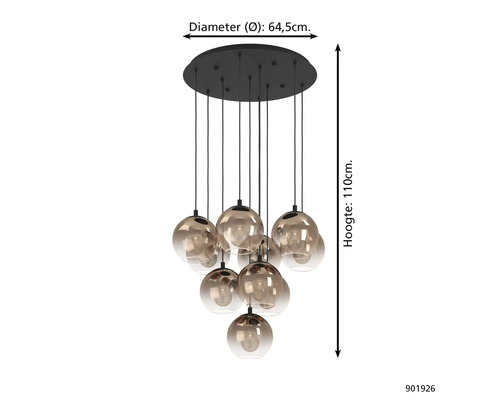 Hanglamp met ronde plafondplaat en meerdere glazen bolkappen. Diameter 64,5 centimeter, hoogte 110 centimeter.