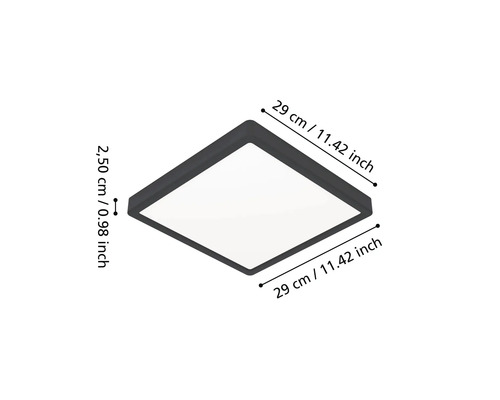 Vierkante LED-plafondlamp met afmetingen: 29 centimeter bij 29 centimeter en een hoogte van 2,50 centimeter.