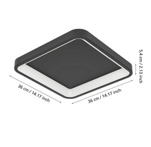Vierkante LED plafondlamp in het zwart met afmetingen: 36 centimeter breedte, 36 centimeter diepte en 5,4 centimeter hoogte.