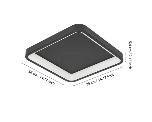 Vierkante LED plafondlamp in het zwart met afmetingen: 36 centimeter breedte, 36 centimeter diepte en 5,4 centimeter hoogte.