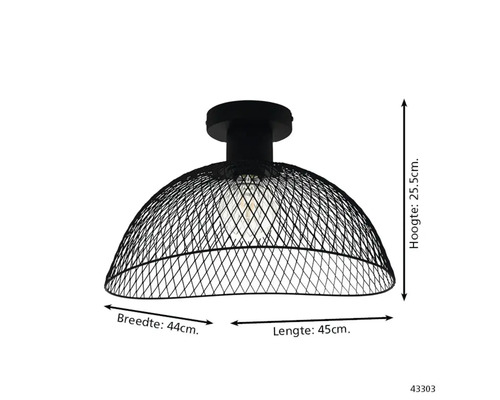 Zwarte plafondlamp van metaalgaas met afmetingen: hoogte 25,5 centimeter, breedte 44 centimeter, lengte 45 centimeter.