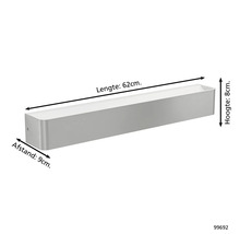 Wandlamp met afmetingen: lengte 62 centimeter, hoogte 8 centimeter, afstand 9 centimeter.