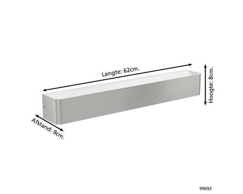 Wandlamp met afmetingen: lengte 62 centimeter, hoogte 8 centimeter, afstand 9 centimeter.
