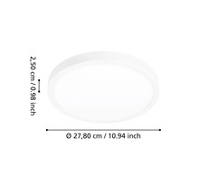 Ronde platte plafondlamp met een diameter van 27,80 centimeter en een hoogte van 2,50 centimeter.