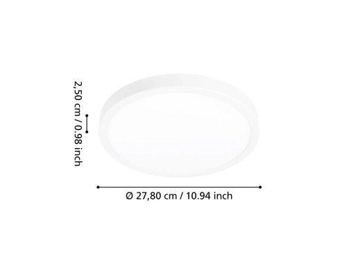 Ronde platte plafondlamp met een diameter van 27,80 centimeter en een hoogte van 2,50 centimeter.
