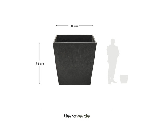 Vierkante Tierra Verde plantenbak in antraciet, 30 centimeter breed, 33 centimeter hoog, met schaalvergelijking met een persoon en Tierra Verde Logo.