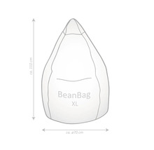 Schets van een BeanBag XL zitzak met afmetingen: hoogte circa 110 centimeter, diameter circa 70 centimeter.