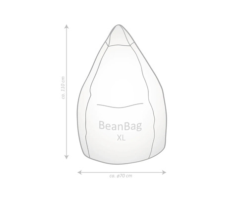 Schets van een BeanBag XL zitzak met afmetingen: hoogte circa 110 centimeter, diameter circa 70 centimeter.