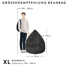 Maatadvies voor zitzak XL met een persoon van circa 100 tot 180 centimeter groot. Afmetingen: 110 centimeter hoog, 70 centimeter breed.
