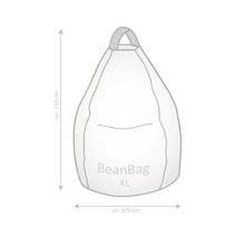 Schets van een BeanBag zitzak XL met afmetingen: hoogte circa 110 centimeter en diameter circa 70 centimeter.
