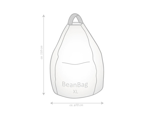 Schets van een BeanBag zitzak XL met afmetingen: hoogte circa 110 centimeter en diameter circa 70 centimeter.