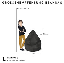 Maatadvies voor zitzak L: hoogte circa 90 centimeter, breedte circa 70 centimeter, aanbevolen voor personen tot circa 140 centimeter lang.