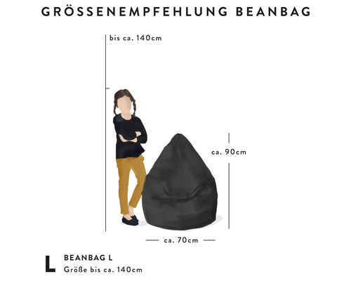Maatadvies voor zitzak L: hoogte circa 90 centimeter, breedte circa 70 centimeter, aanbevolen voor personen tot circa 140 centimeter lang.