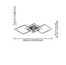 Moderne LED-plafondlamp met drie rechthoekige elementen, breedte circa 65 centimeter, diepte 31 centimeter, hoogte 7,25 centimeter.