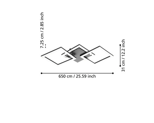 Moderne LED-plafondlamp met drie rechthoekige elementen, breedte circa 65 centimeter, diepte 31 centimeter, hoogte 7,25 centimeter.
