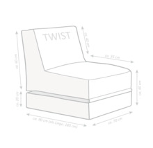 Maatschets van fauteuil Twist: breedte circa 70 centimeter, diepte circa 90 centimeter, zithoogte circa 40 centimeter, liglengte circa 180 centimeter.