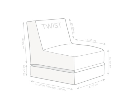 Maatschets van fauteuil Twist: breedte circa 70 centimeter, diepte circa 90 centimeter, zithoogte circa 40 centimeter, liglengte circa 180 centimeter.