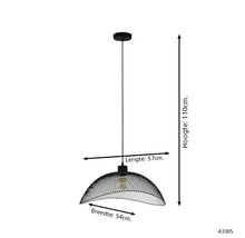 Hanglamp met zwarte gaasvormige kap, hoogte 110 centimeter, lengte 57 centimeter, breedte 54 centimeter.