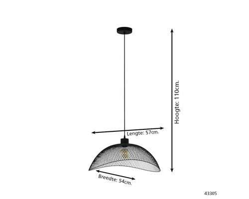 Hanglamp met zwarte gaasvormige kap, hoogte 110 centimeter, lengte 57 centimeter, breedte 54 centimeter.
