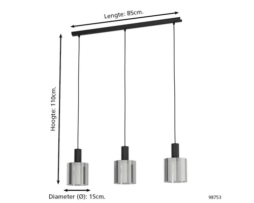Drielichts hanglamp met cilindervormige kappen, lengte 85 centimeter, hoogte 110 centimeter, diameter kap 15 centimeter.