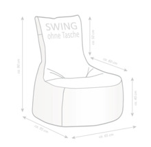 Zitzak SWING zonder zak met afmetingen: totale hoogte circa 90 cm, breedte circa 65 cm, totale diepte circa 95 cm, zithoogte circa 40 cm.