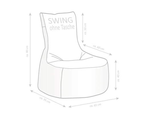 Zitzak SWING zonder zak met afmetingen: totale hoogte circa 90 cm, breedte circa 65 cm, totale diepte circa 95 cm, zithoogte circa 40 cm.