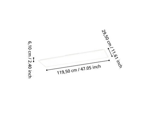 LED-paneel met afmetingen: lengte 119,50 centimeter, breedte 29,50 centimeter, hoogte 6,10 centimeter.
