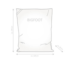 Schets van een zitzak BIGFOOT met afmetingen: hoogte circa 170 cm, breedte circa 130 cm, diepte circa 20 cm.