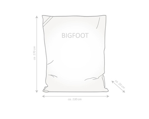 Schets van een zitzak BIGFOOT met afmetingen: hoogte circa 170 cm, breedte circa 130 cm, diepte circa 20 cm.