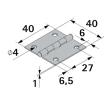 Technische tekening van een scharnier met de afmetingen 40 bij 40 millimeter, gatdiameter 4 millimeter en een dikte van 1 millimeter.
