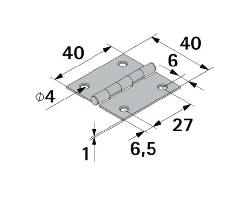 Technische tekening van een scharnier met de afmetingen 40 bij 40 millimeter, gatdiameter 4 millimeter en een dikte van 1 millimeter.