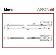 Maattekening van de garagedeurautomaat ARON Move met maten in millimeter. ARON Logo.