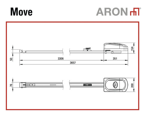 Maattekening van de garagedeurautomaat ARON Move met maten in millimeter. ARON Logo.
