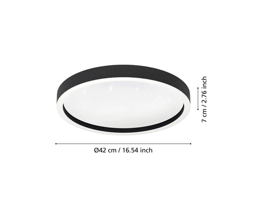 Ronde plafondlamp met een diameter van 42 centimeter en een hoogte van 7 centimeter.