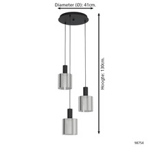 3-lichts hanglamp met cilindrische glazen kappen, diameter 41 centimeter, hoogte 130 centimeter.