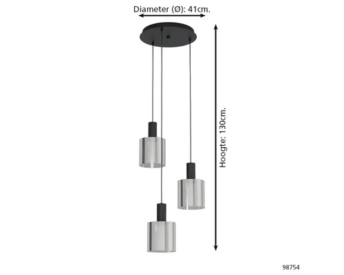 3-lichts hanglamp met cilindrische glazen kappen, diameter 41 centimeter, hoogte 130 centimeter.