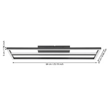 Zwarte LED plafondlamp in rechthoekig ontwerp met de afmetingen 64 centimeter breed, 22 centimeter diep en 5 centimeter hoog.