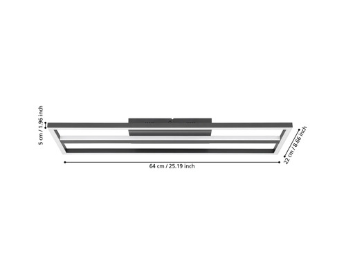 Zwarte LED plafondlamp in rechthoekig ontwerp met de afmetingen 64 centimeter breed, 22 centimeter diep en 5 centimeter hoog.