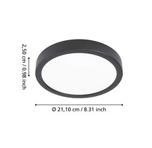 Ronde LED-plafondlamp in zwart met een diameter van 21,10 centimeter en een hoogte van 2,50 centimeter.