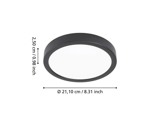 Ronde LED-plafondlamp in zwart met een diameter van 21,10 centimeter en een hoogte van 2,50 centimeter.