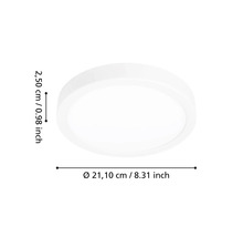 Ronde platte witte plafondlamp met een diameter van 21,10 centimeter en een hoogte van 2,50 centimeter.